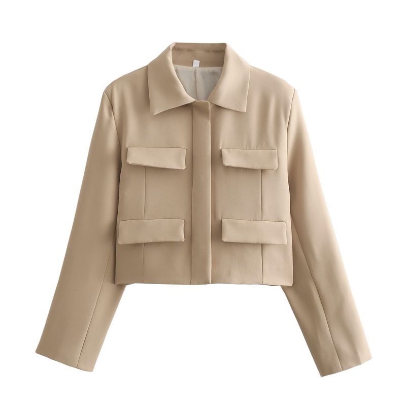 Blazer corto holgado informal con cuello vuelto decorativo de primavera para mujer_voghion.com