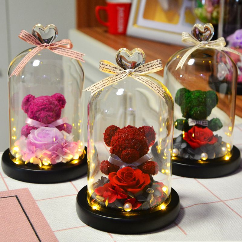 Eternal Preserved Rose Lovely Teddy Bear In Heart Glass Dome with Led Light Wedding Home Decor Mother's Day Gifts for Women Girl_voghion.com