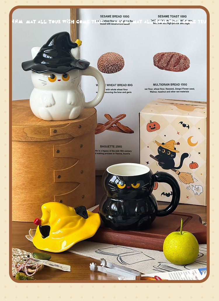 Keramikbecher mit Geisterkatzenmotiv und Deckel – Wasser für Frauen – Neu 2025 – Hochwertiger Becher – Geschenkidee für Zuhause_voghion.com