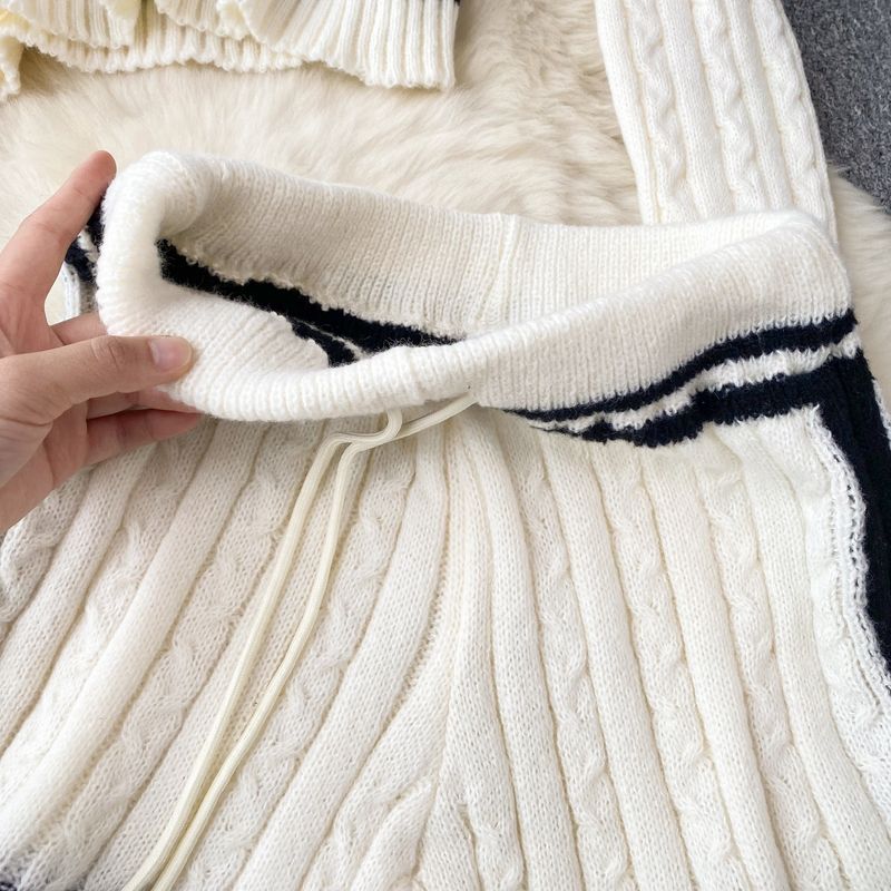 Women's Clothing Autumn and winter lazy style loose lapel striped sweater + high waist slim wide leg shorts knitted suit_voghion.com