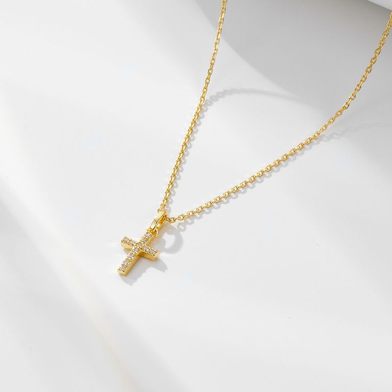 Collana con croce di diamanti in argento sterling, design di nicchia, alta qualità, con catena a clavicola, semplice temperamento, da donna_voghion.com