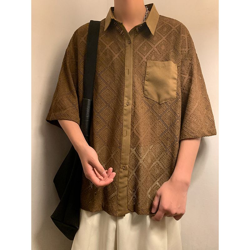 Camicia a maniche corte con risvolto sottile, da uomo, estiva, retrò, ampia, con tasche a 5 punti_voghion.com