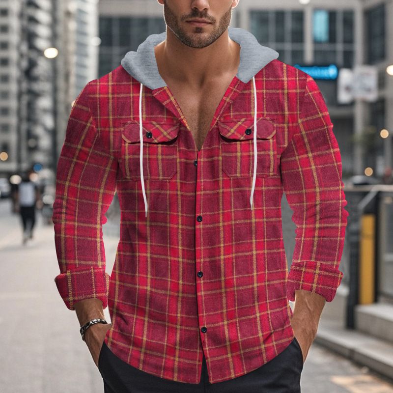 Camicia casual alla moda da uomo in stile americano, autunno inverno, con cappuccio, in flanella jacquard a quadri_voghion.com