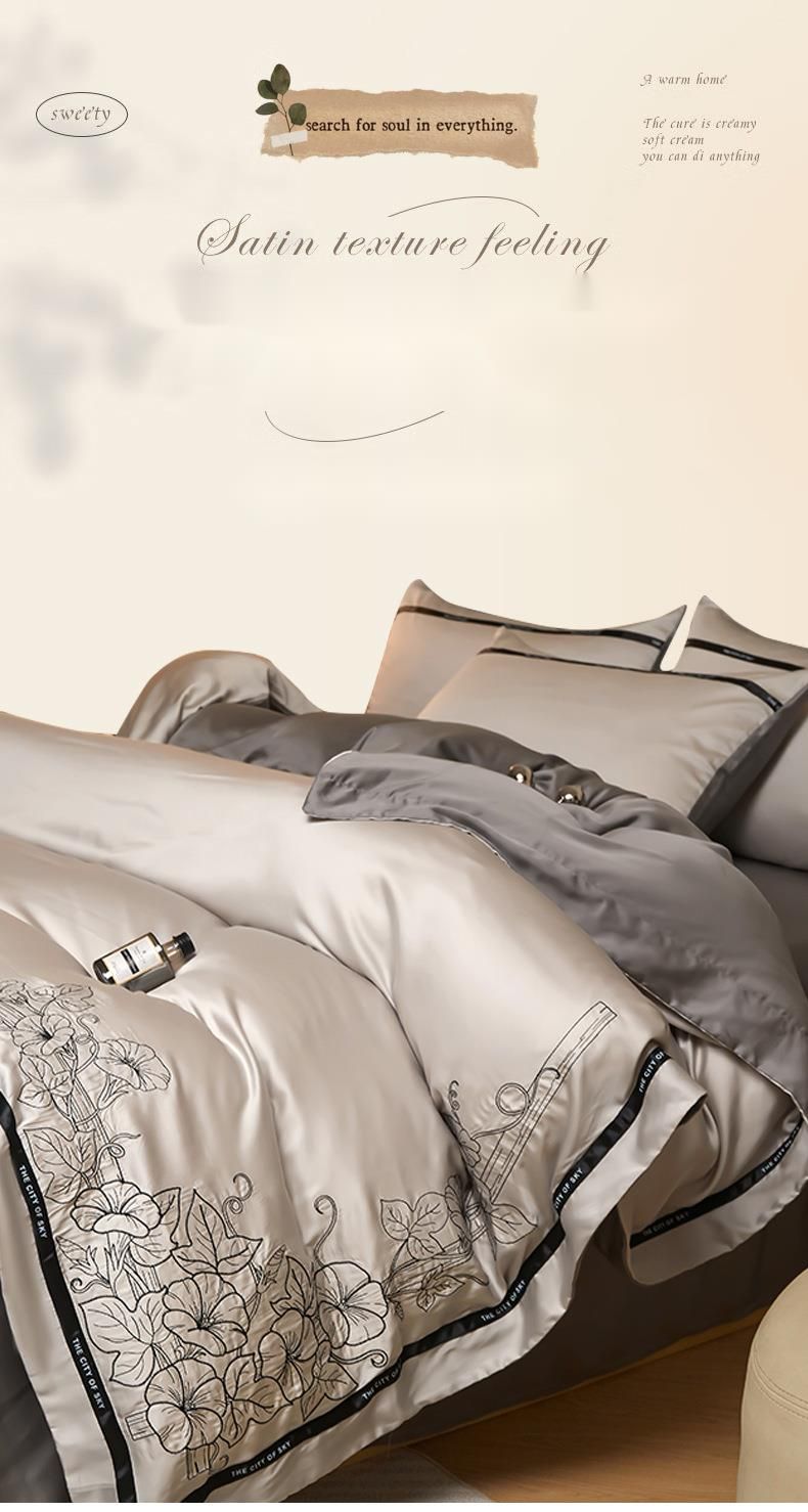 2024 New Luxury Washed Ice Silk Four-Piece Set Silky Cool Embroidered Bedding Summer Bed Sheet_voghion.com