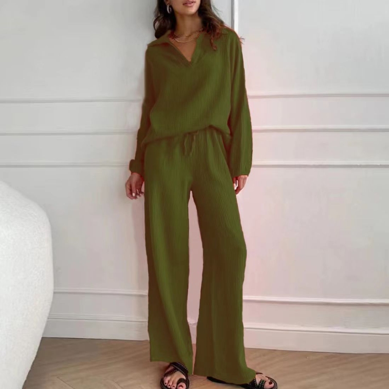 Completo due pezzi da donna elegante, casual, ampio, con top a maniche lunghe e pantaloni con coulisse, primavera-autunno, con colletto rovesciato_voghion.com