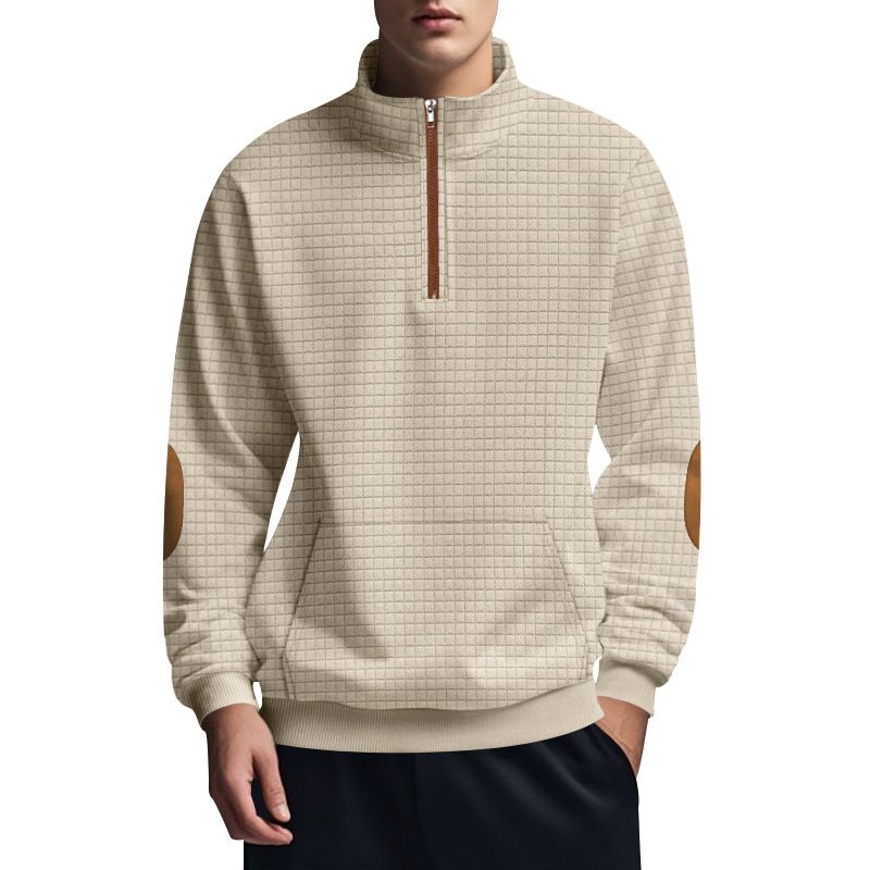 American Style Autumn Winter Men's Casual Sweatshirt Jacquard Small Square Embroidery Patchwork Stand Collar Loose Top_voghion.com