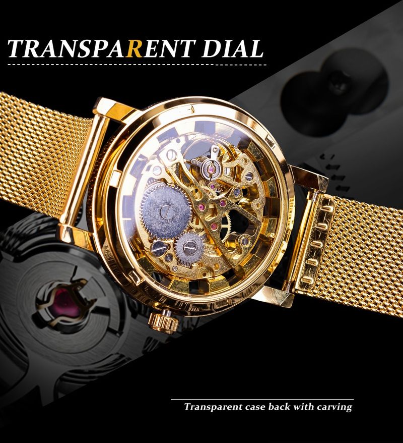 Orologio meccanico da uomo Winner, con cassa sottile, design retrò dorato, cinturino in maglia metallica, lancette luminose, marchio di lusso_voghion.com