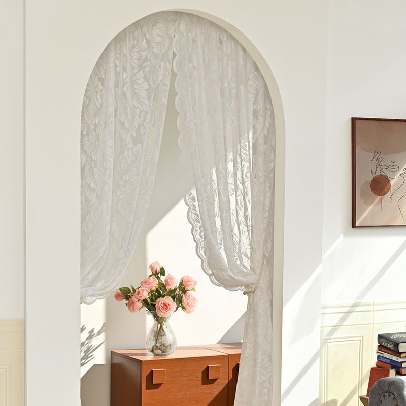 Leaf Door Curtain Rod Warp Knitted Lace White Solid Color Window Screen Curtain_voghion.com