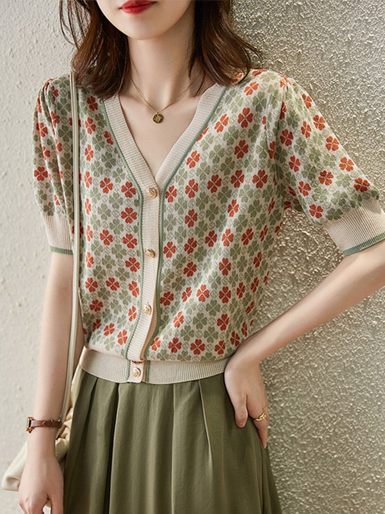 2024, cardigan lavorato a maglia sottile a maniche corte con scollo a V e motivo a griglia di diamanti, in seta ghiacciata, con fiori, inizio primavera_voghion.com