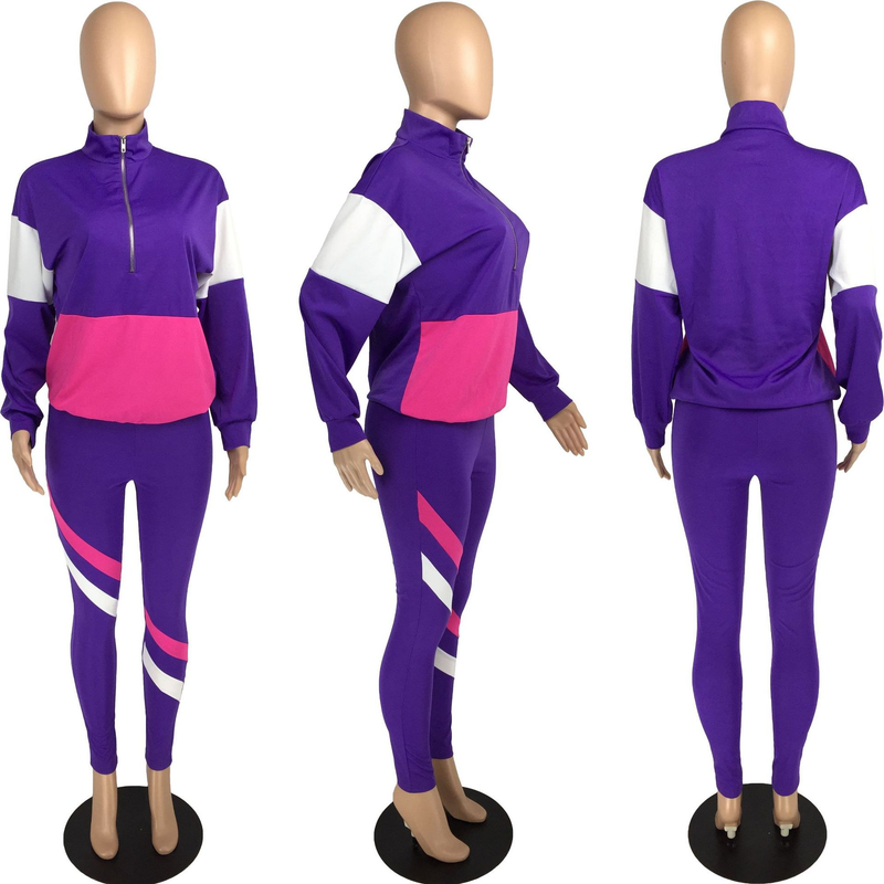 Zweiteiliger Freizeit-Sportanzug für Damen im Farb-Patchwork-Design_voghion.com