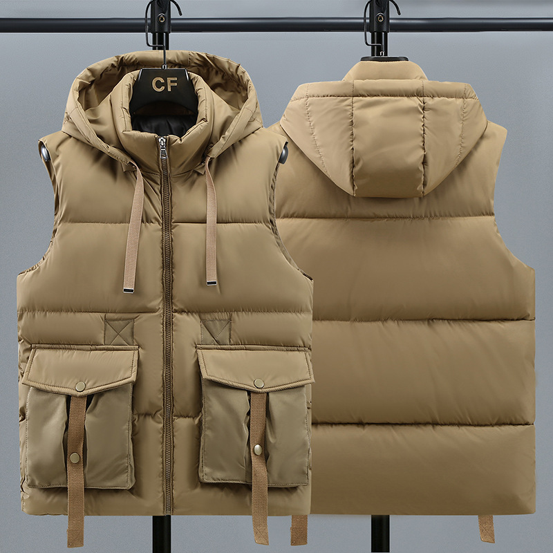 Down cotton autumn winter warm vest, trendy casual and versatile, detachable hat for men's vest_voghion.com