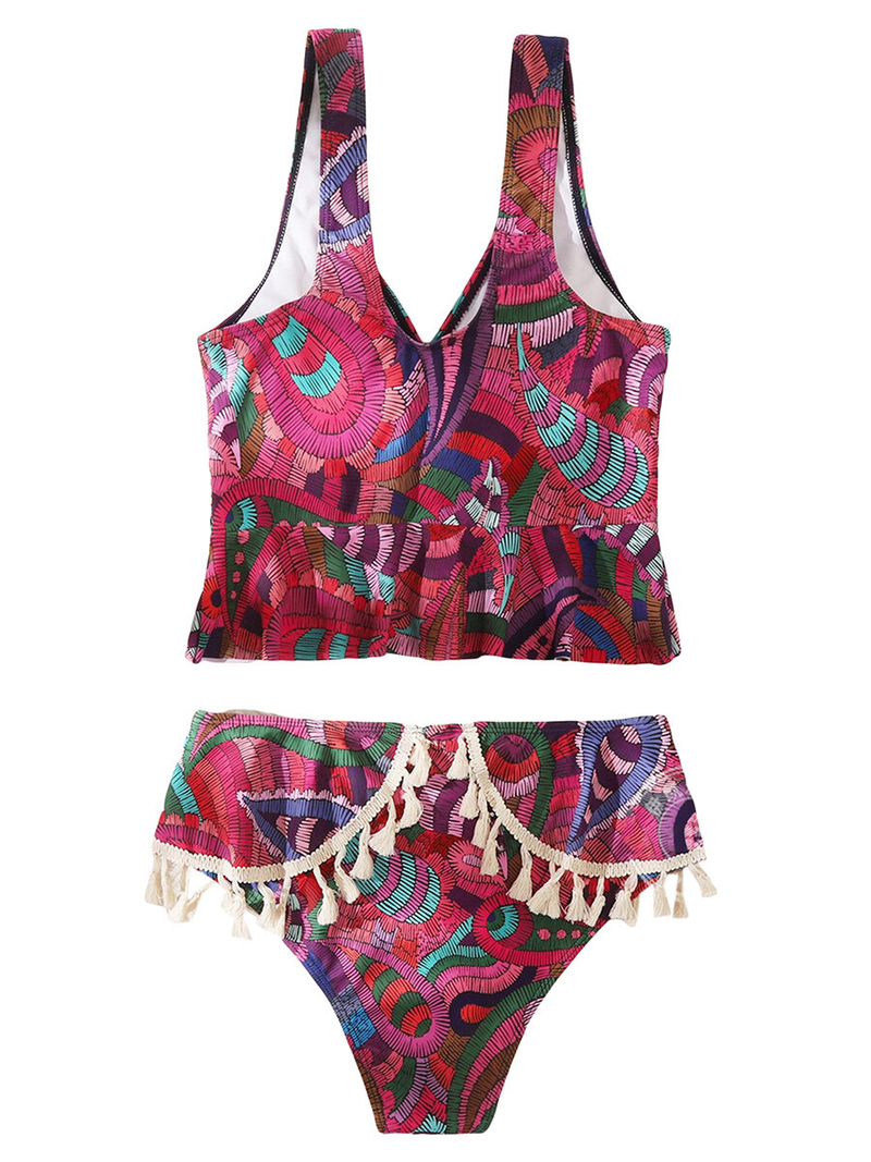 Happybuyner Ensemble de maillot de bain 2 pièces pour femme Imprimé rétro Col en V Débardeur rembourré et slip élastique avec glands Vêtements de plage_voghion.com