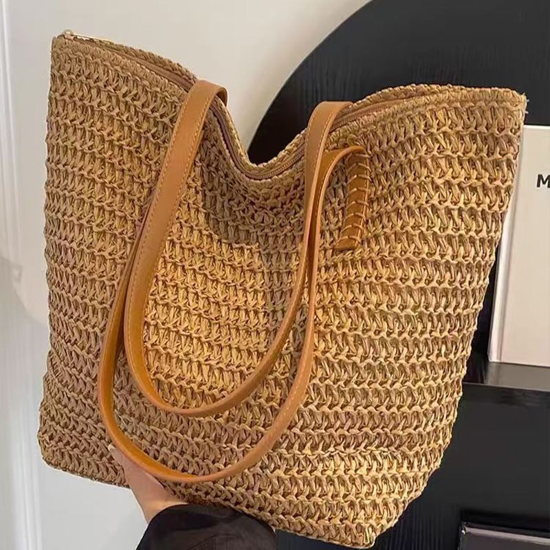 Borsa a secchiello con tracolla singola, grande capacità, in tessuto a mano, da spiaggia, da donna, 2024_voghion.com