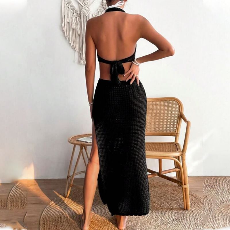 Vêtements pour femmes, nouvelle jupe de plage d'été pour femmes, couleur unie, sexy, tricotée, ajourée, robe de plage, cache-maillot de bain_voghion.com