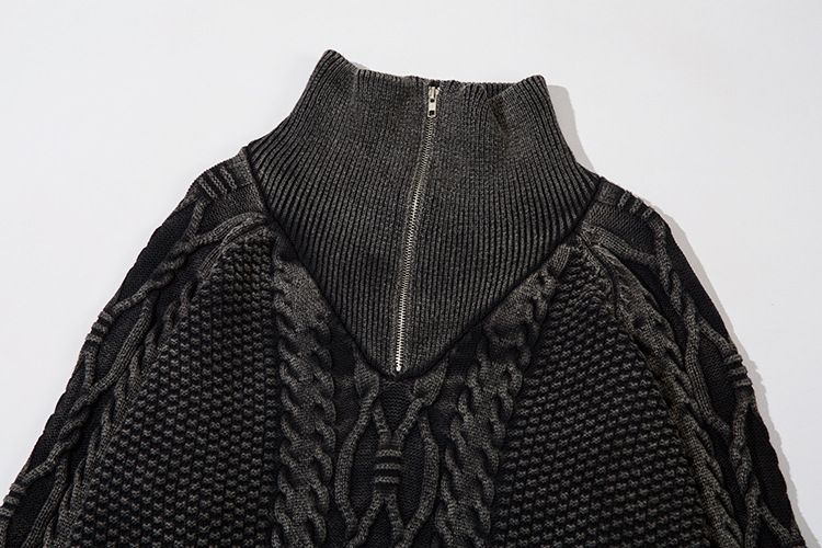 Herrenbekleidung Retro Washed Distressed Rollkragenpullover mit halbem Reißverschluss für Männer Ins Trendy Hip Hop Loose Knit Sweater Top_voghion.com