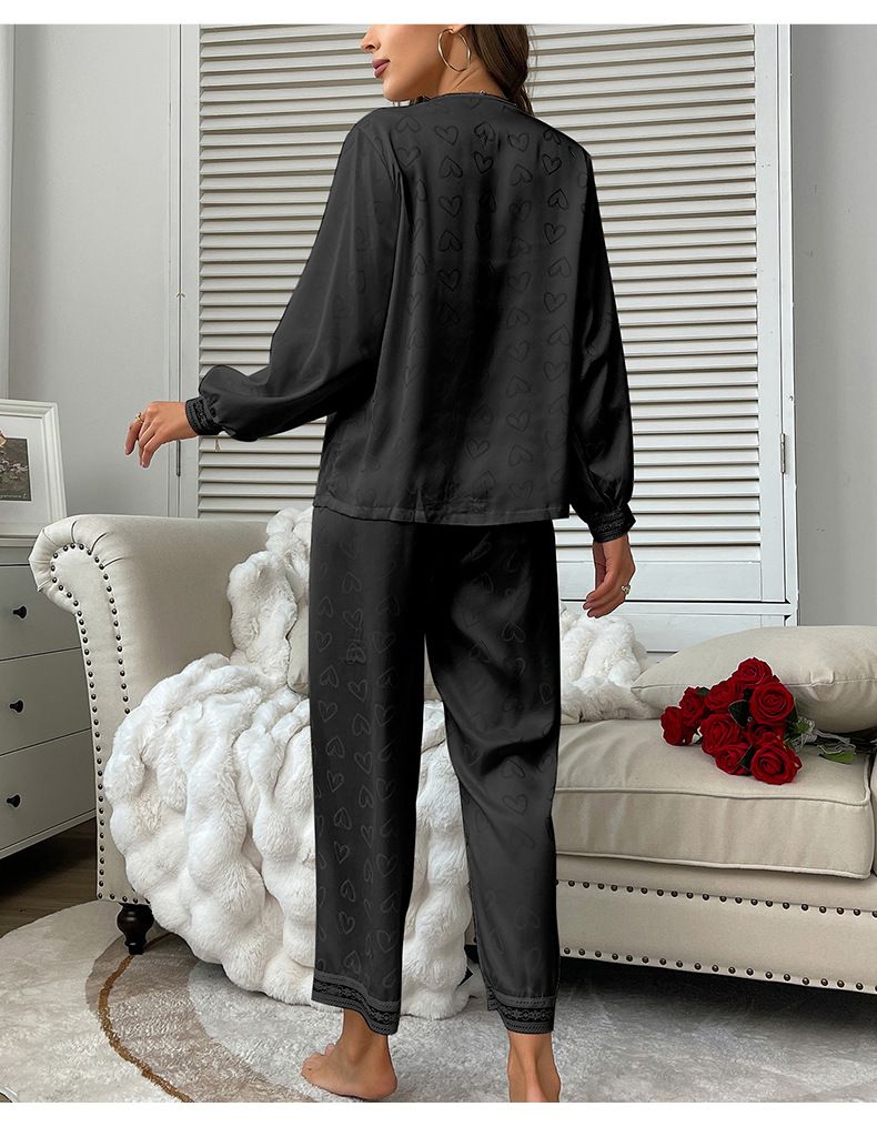 Damen Nachtwäsche Mode Langarm Pyjamas Sexy Hosenanzug Zweiteiliger bequemer Satin Love Jacquard Home Kleidung_voghion.com