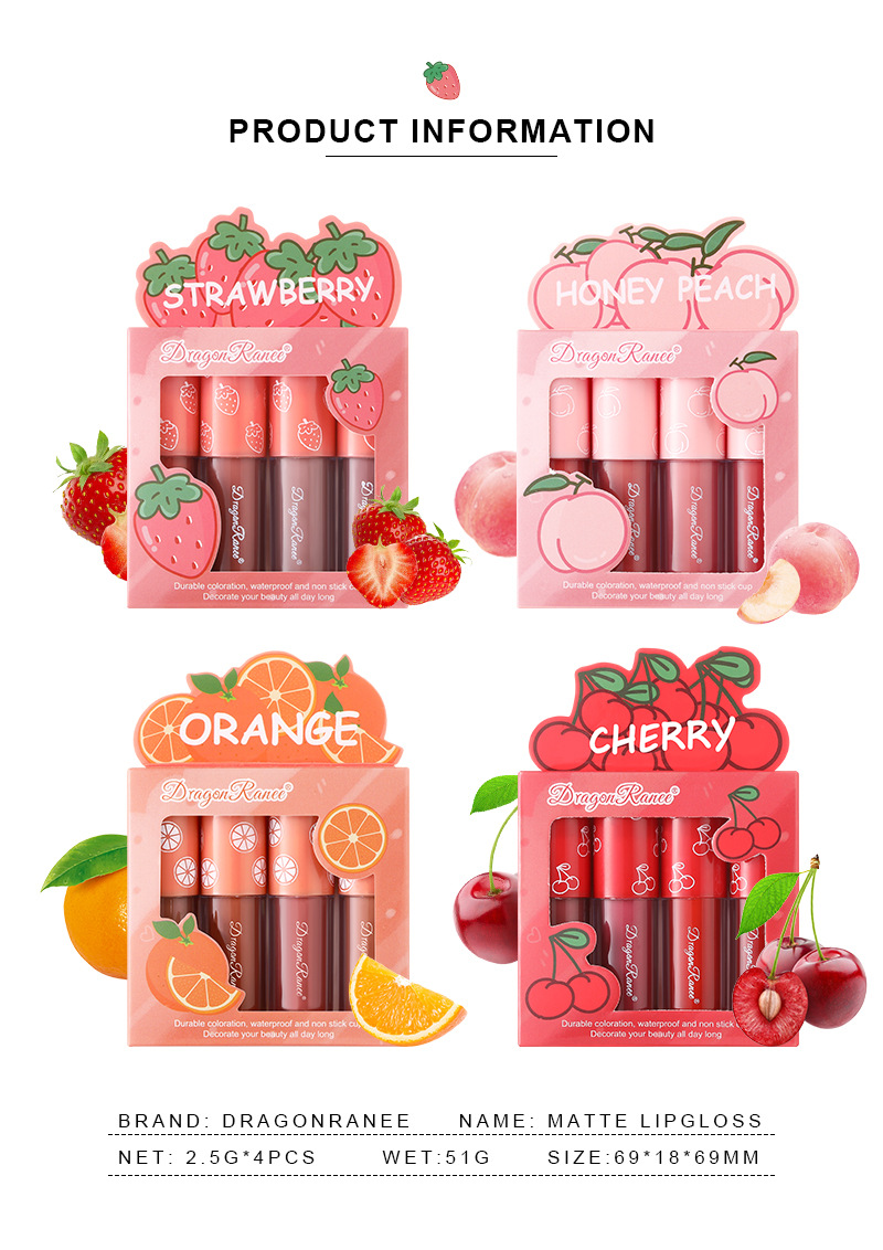4-teiliges Mini-Set samtmatter Lipglosse – lang anhaltendes, nicht klebendes Lippen-Make-up mit Fruchtduft_voghion.com