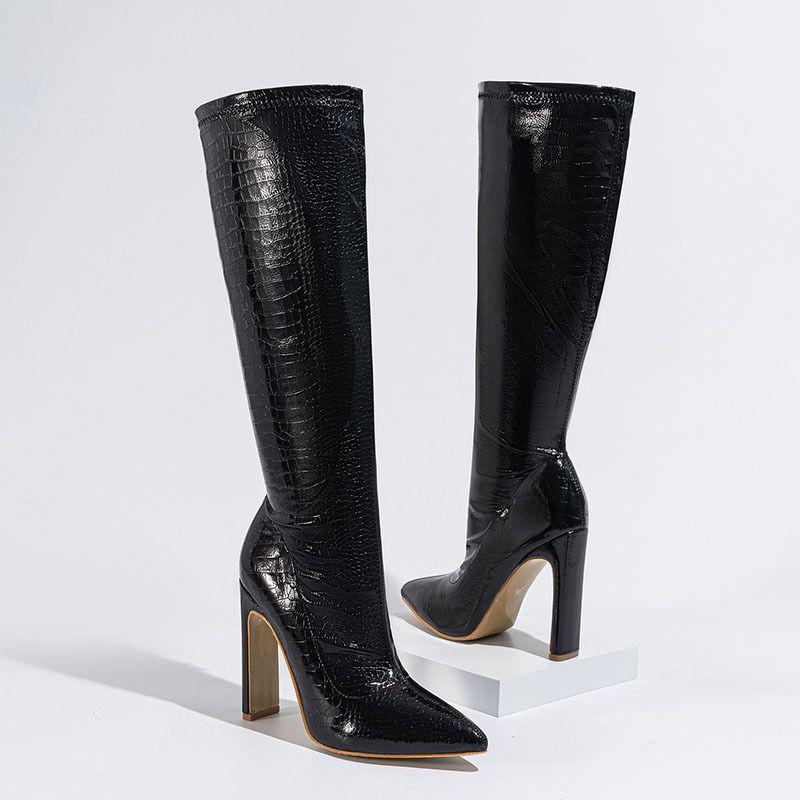Boots Women's thigh-high boots Slimming new stone grain pointed elastic heel boots_voghion.com
