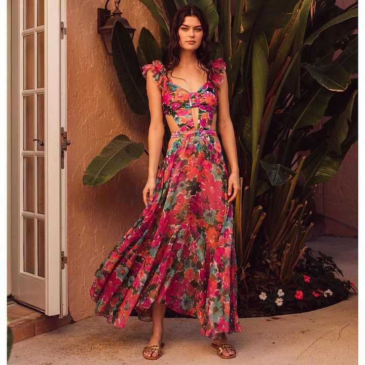 Maillot de bain une pièce pour femme, ensemble maillot de bain une pièce à imprimé ajouré, col licou et jupe parapluie_voghion.com