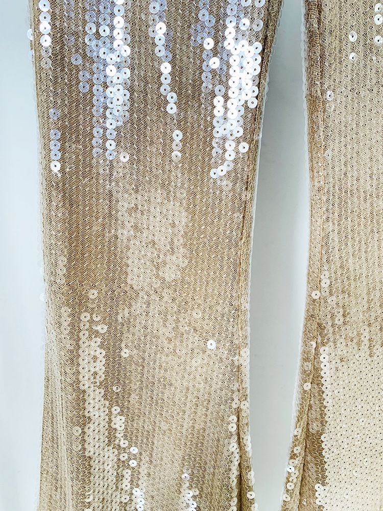 Ropa de mujer, moda estrella, mangas trompeta divididas, camisa de malla con cuentas y lentejuelas transparentes, pantalones acampanados_voghion.com