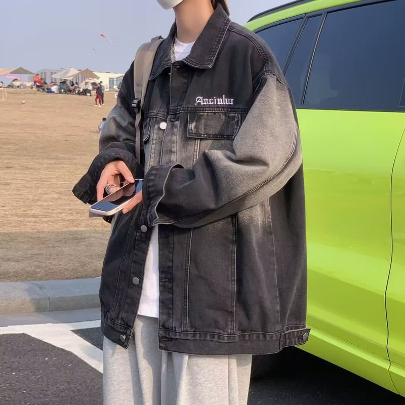 American Gradient Denim Men's Spring Trendy Label Flip Collar Work Jacket, Loose Casual Youth Top_voghion.com