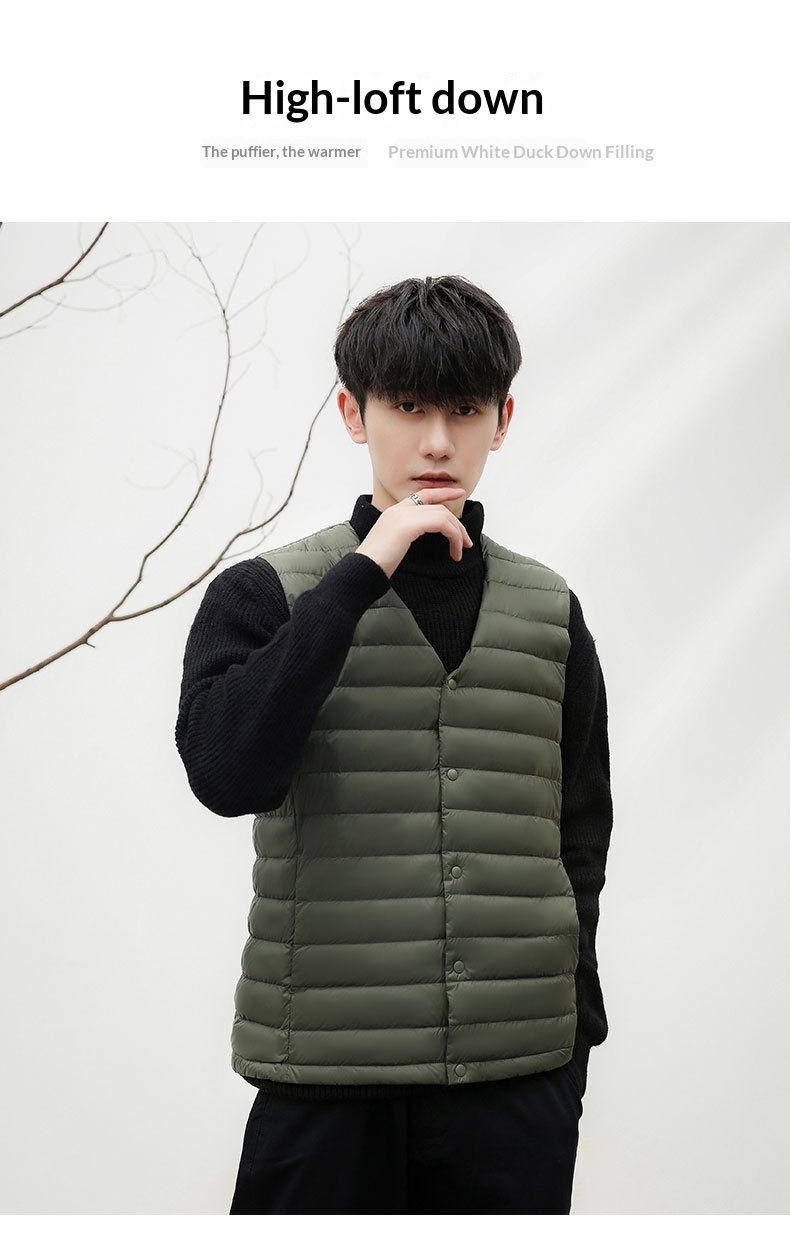 Gilet sans manches léger en duvet pour homme Cove Wholesale, gilet d'extérieur, grandes tailles, sans col, col rond, court, ultra-fin_voghion.com