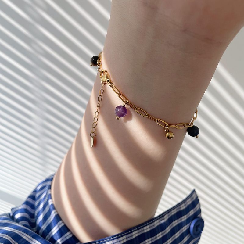 Bohemian Natural Lapis Lazuli Amethyst Five Elements Colorful Gold Bead Bracelet Anklet Titanium Steel Plated SL117_voghion.com