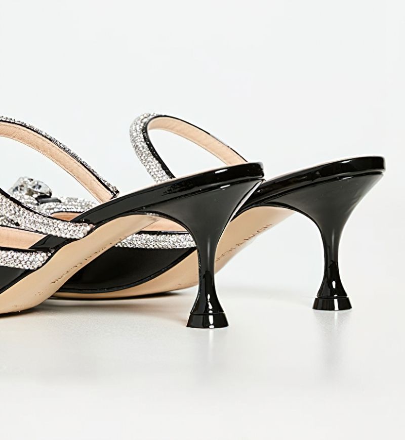 Schwarze Pantoletten mit Schleife und Strasssteinen und hohem Absatz für Damen – Slip-On-Sandalen mit spitzer Zehenpartie für Damen_voghion.com
