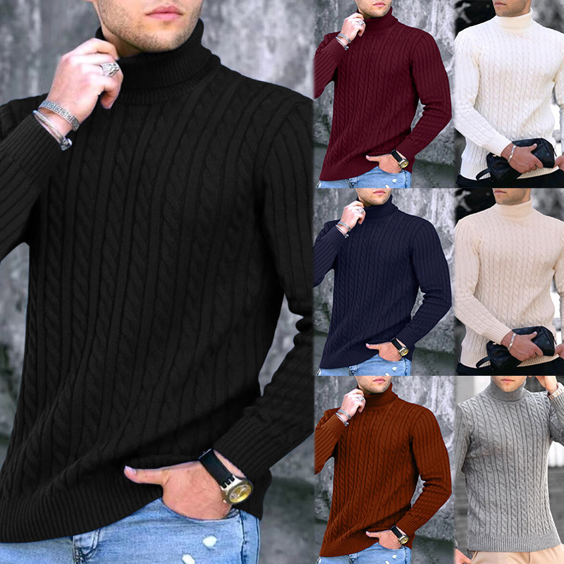 Camicia in maglia a maniche lunghe con collo alto invernale da uomo Camicia base in maglia a collo alto casual tinta unita da uomo_voghion.com