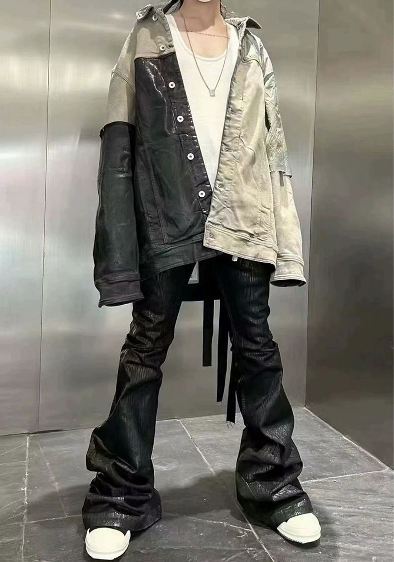 Herrenbekleidung Klassische dunkel ausgestellte, beschichtete, gewachste Jeans, ausgestellte, gestapelte, lockere Hose_voghion.com