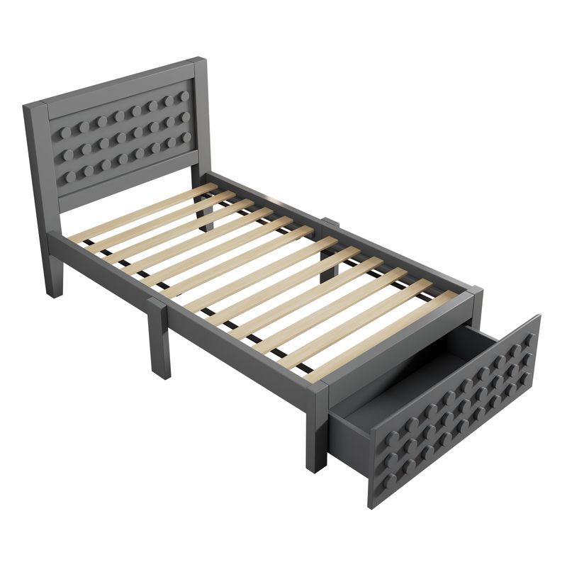 Holzbett 90x200cm mit Blockdesign, Massivholz, Schubladen, Grau_voghion.com