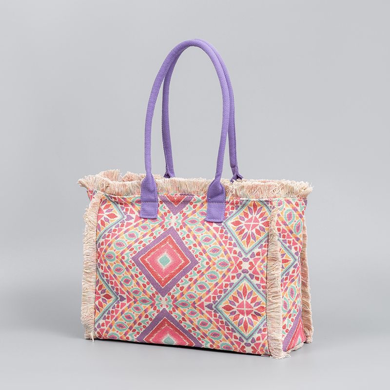 Sac fourre-tout à pompons à quatre côtés pour femme, sac à main imprimé, sac à bandoulière, sac en toile pour les vacances à la plage_voghion.com