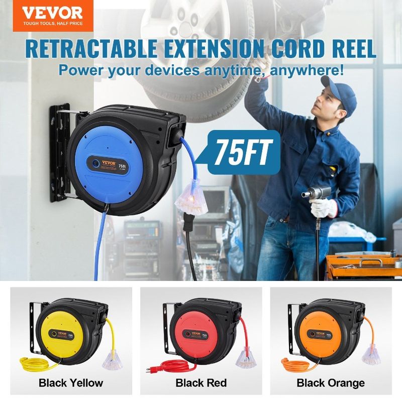 Cord Reel Cord 14AWG Power 3C Retractable 75FT SJTOW Reel Extension_voghion.com