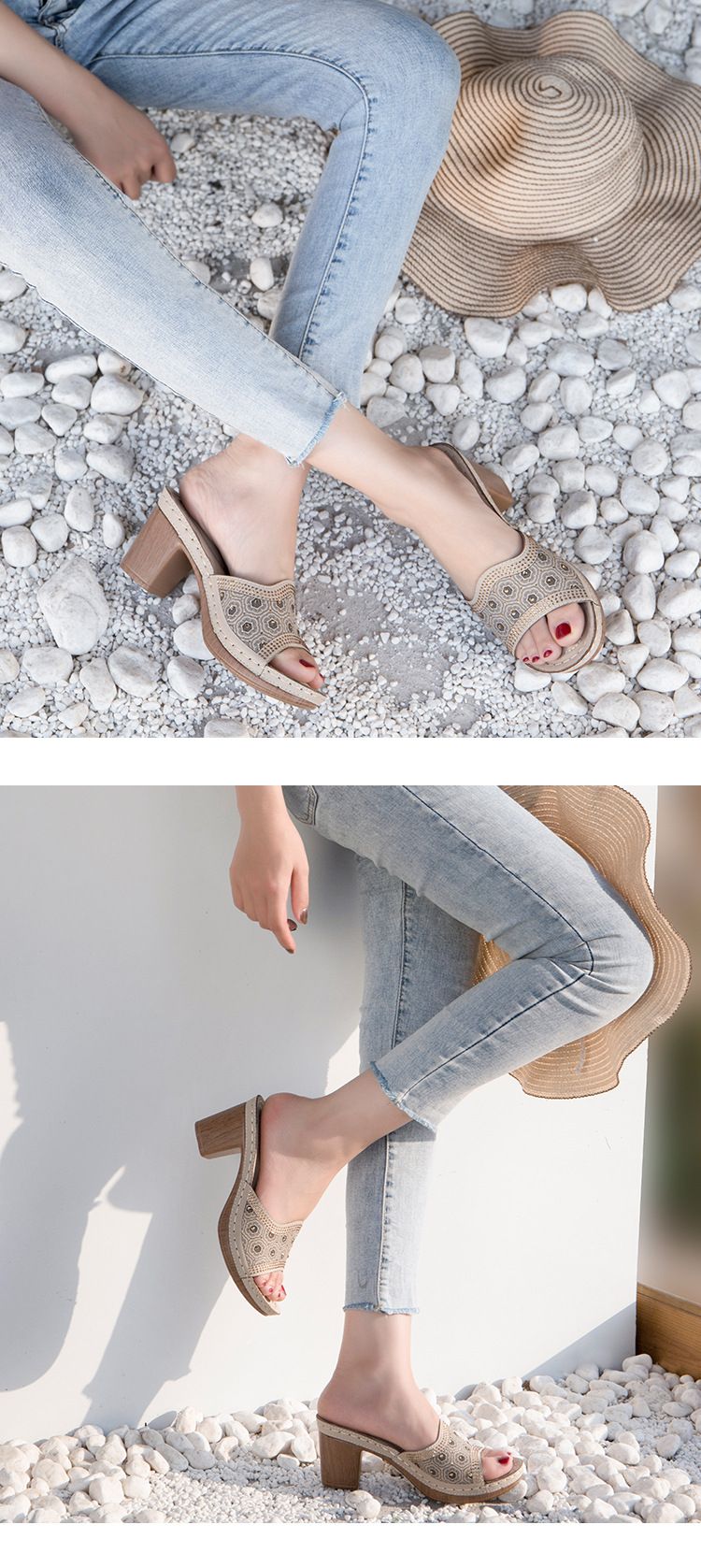 2022 Neue Sommersandalen für Damen im ethnischen Stil mit Wasserdiamant-Nähten, dicke High Heels, große bequeme Hausschuhe_voghion.com