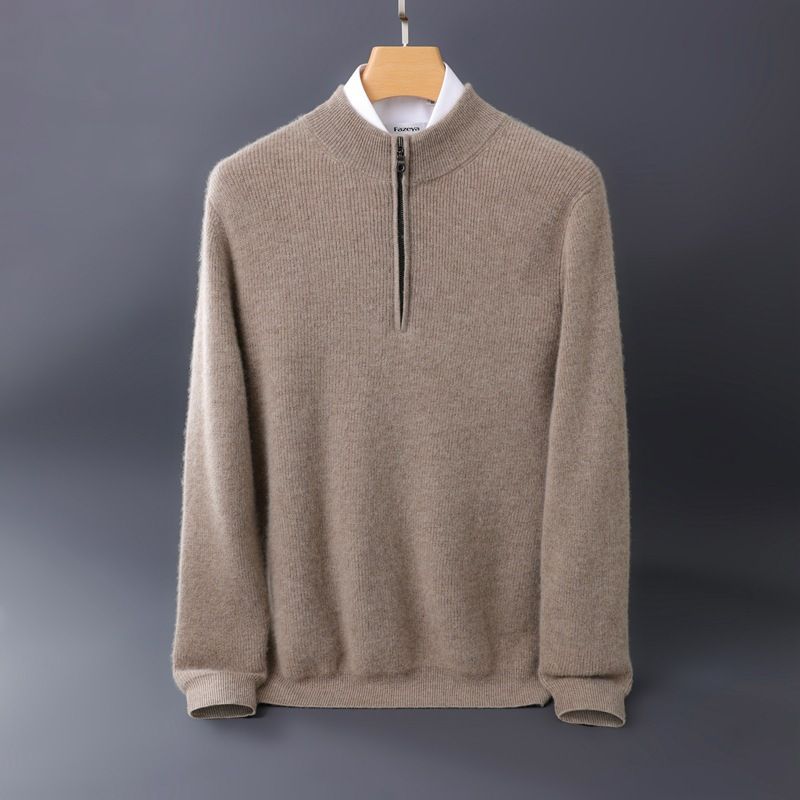 Thickened Cashmere Sweater Men's Cashmere Semi-turtleneck Zipper Sweater Youth Business Casual Top_voghion.com