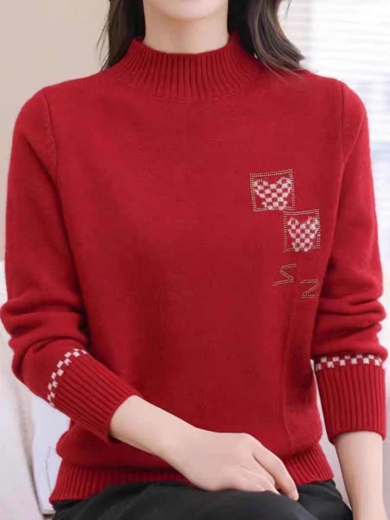 【Cashmir Family】 Halvhög hals, kort yllebas för medelålders kvinnor och mödrar, löst stickad tröja i innerlager_voghion.com