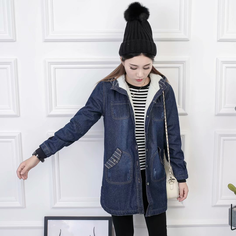 Abbigliamento donna giacca imbottita in cotone denim giacca medio lunga da donna imbottita in cotone cashmere taglie forti con giacca in denim con cappuccio_voghion.com