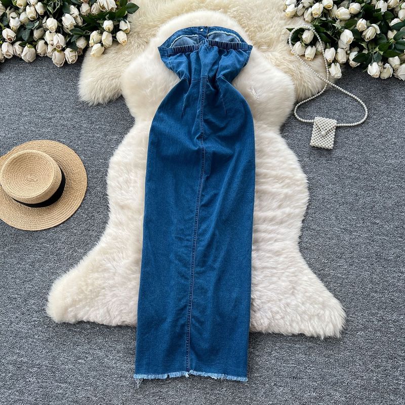 Abito da donna retrò, senza maniche, con cinturino, vita e orlo grezzo, in denim, monopetto, aderente, con gonna lunga_voghion.com
