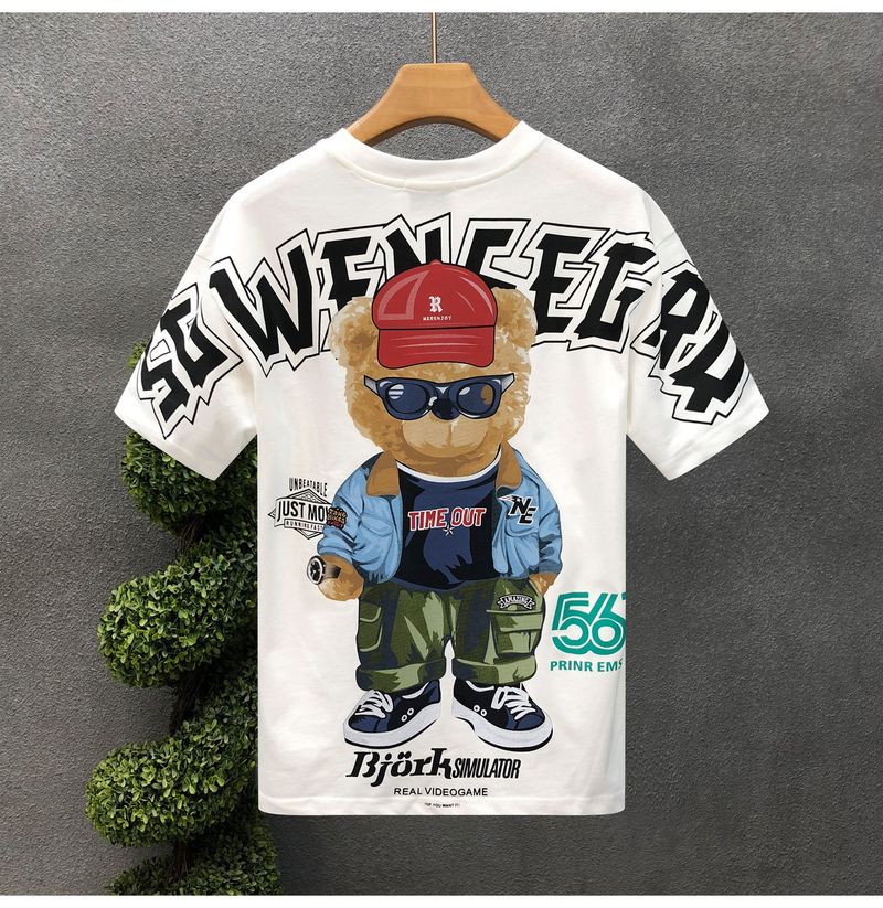 Herrenbekleidung Kurzarm-T-Shirt mit Cartoon-Bär-Aufdruck für Herren, Sommermode, All-Match, lässiger Rundhalspullover, lockeres Oberteil_voghion.com
