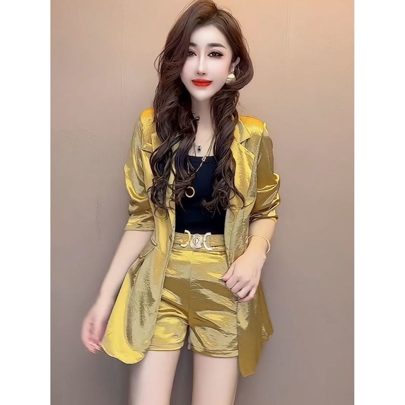 Blazer Jacke Für Frauen 2025 Sommer Neue Koreanische Mode Elegante Abnehmen Shorts Dünne Drapierte Zwei-Stück Set_voghion.com