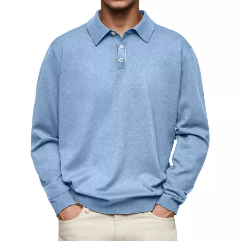 Polo casual da uomo con scollo a V e maniche lunghe, autunnali_voghion.com