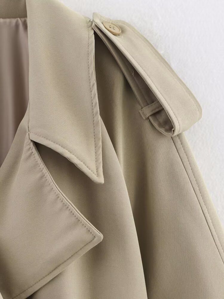 Gabardina corta de manga larga con hombros caídos y cinturón de color liso, estilo verano 2025, 4749847_voghion.com