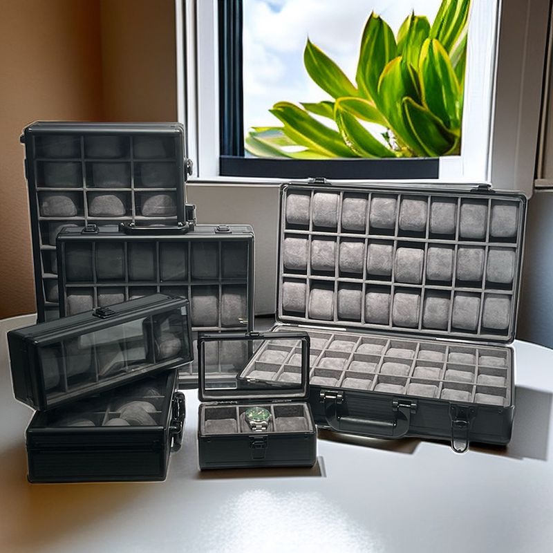 Hochwertige Uhrenbox aus Aluminiumlegierung mit Sichtfenster – Luxuriöses Uhren-Etui mit 24 Fächern, doppelter Öffnung, Innenausstattung aus grünem Samt_voghion.com
