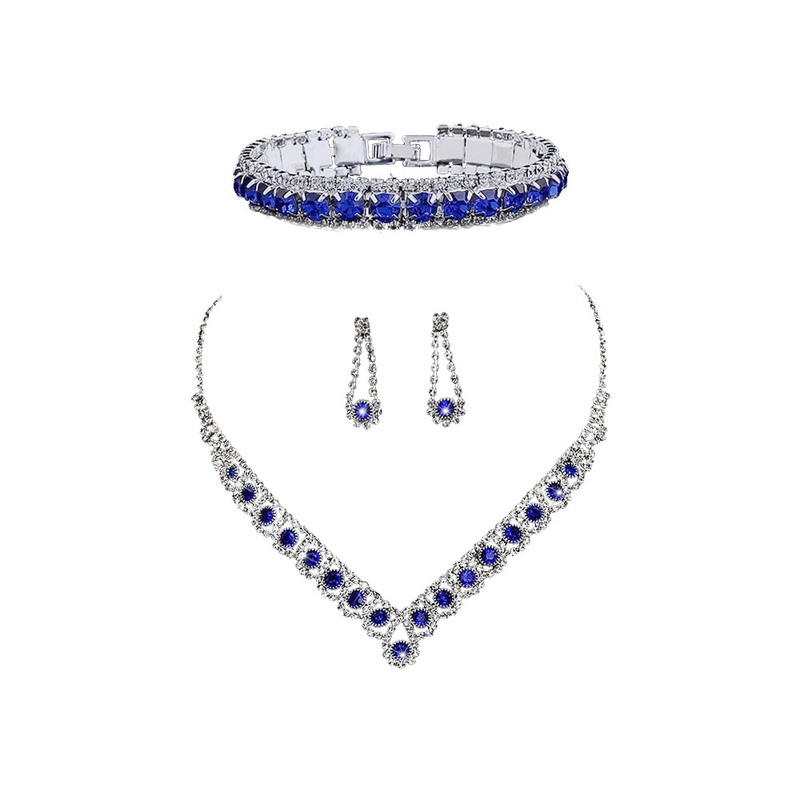 Set di quattro gioielli da sposa con collana e orecchini in zircone blu, bracciale e pochette in raso con strass, borsa da sera_voghion.com