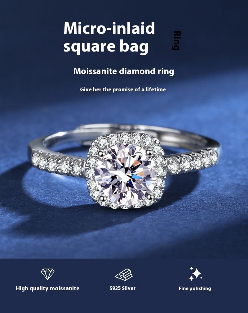 Mosang Ring Women's D Color 1 Carat Micro Set Square Bag High Carbon Stone S Silver Plated Platinum Couple Adjustable_voghion.com
