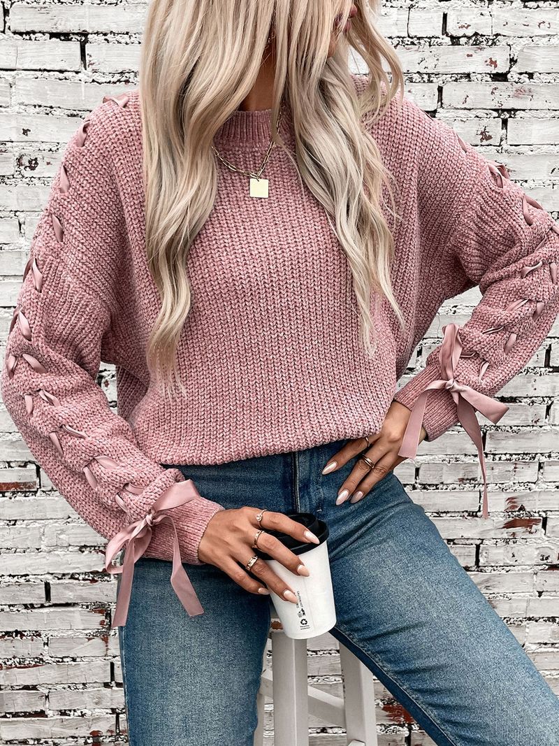 Women's Knit Sweater With Bow Tie Detail - Oversized Casual Long Sleeve Pullover For Fall & Winter_voghion.com