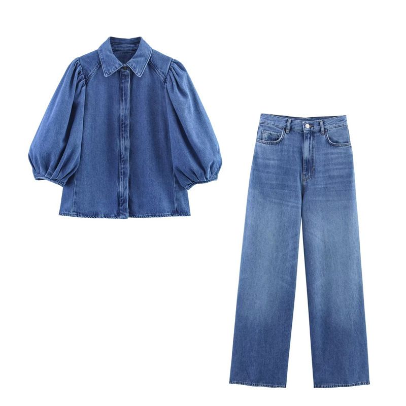 Damenbekleidung Sommer New Style Damenmode Casual Jeanshemd Hohe Taille Weite Beinhose_voghion.com