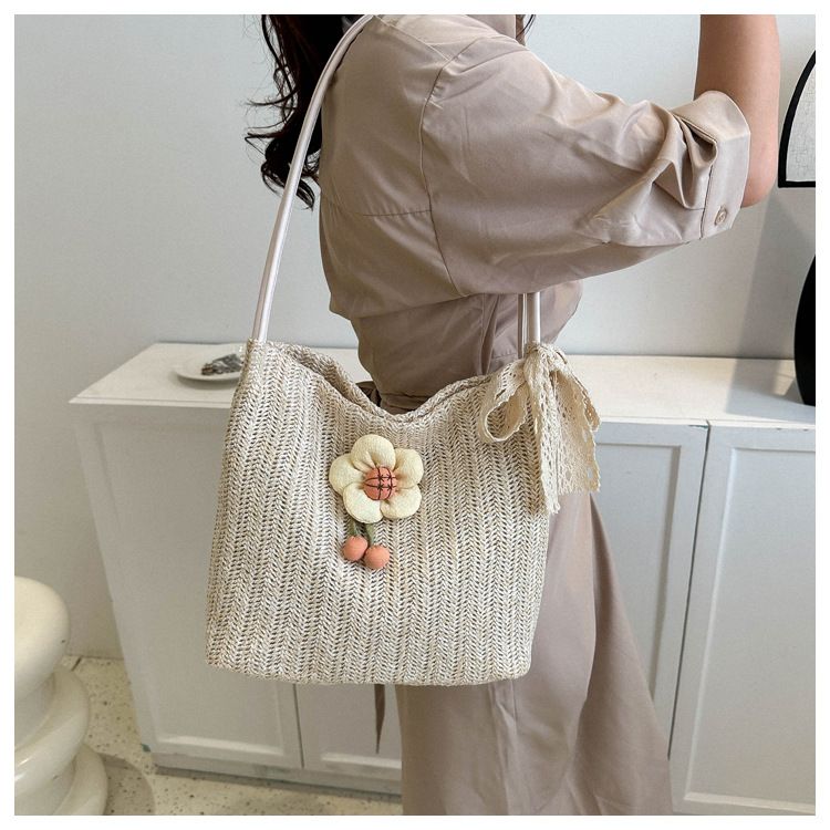 Große Kapazität Mode Sanftes Temperament Stroh gewebt Schal Schulter 2023 Sommer Neue Unterarm Einkaufstasche_voghion.com