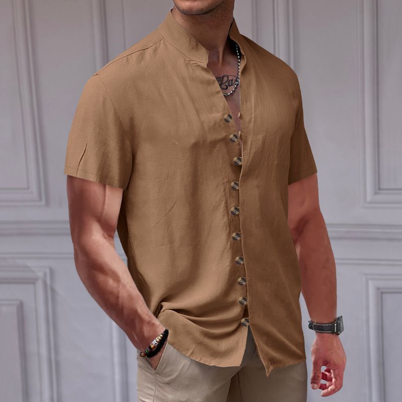 Maglietta da uomo nuova, vintage, in lino, con bottoni, colletto e maniche corte_voghion.com