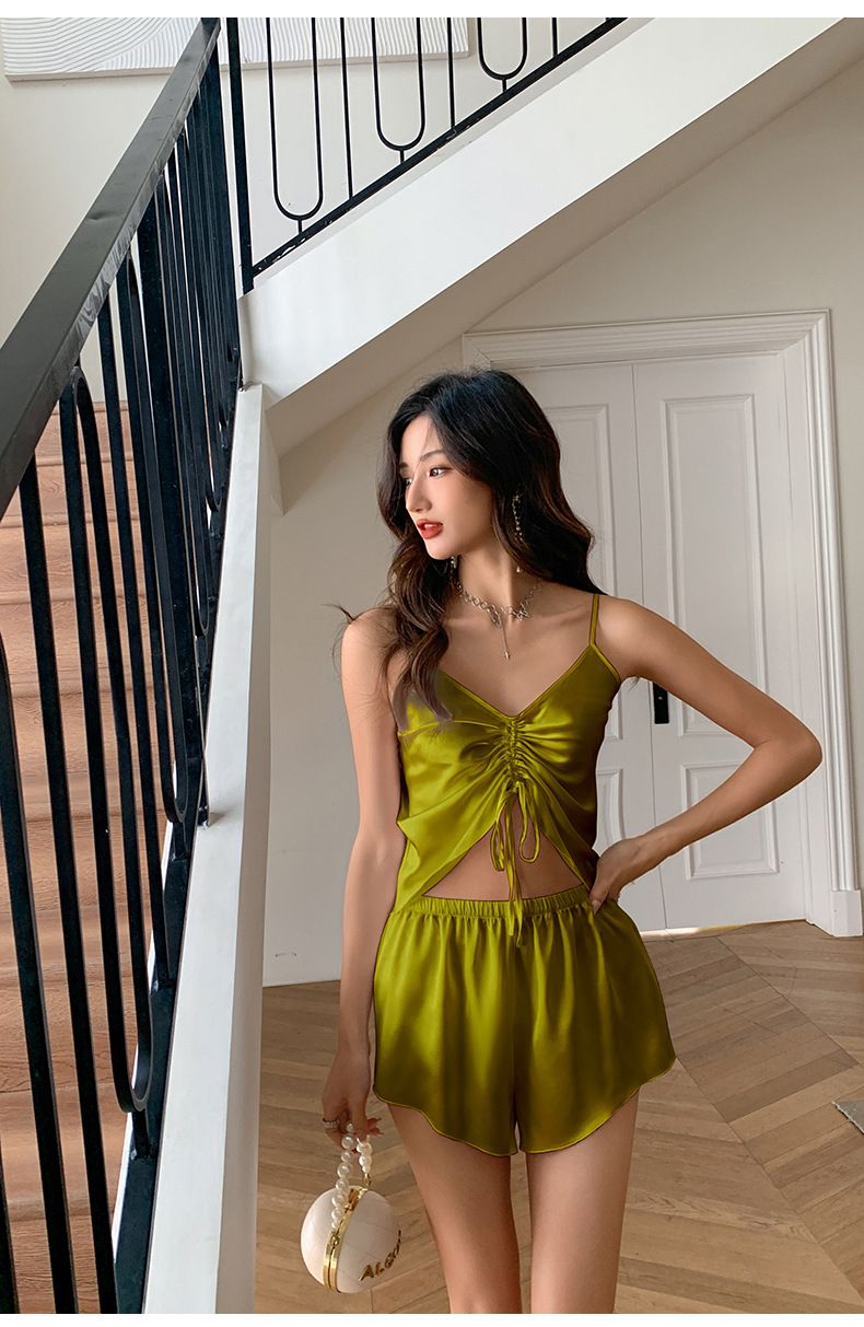 Ice Silk Pajamas Women's Slight Desire For Wind Suspender Shorts Set Sexy Loungewear_voghion.com